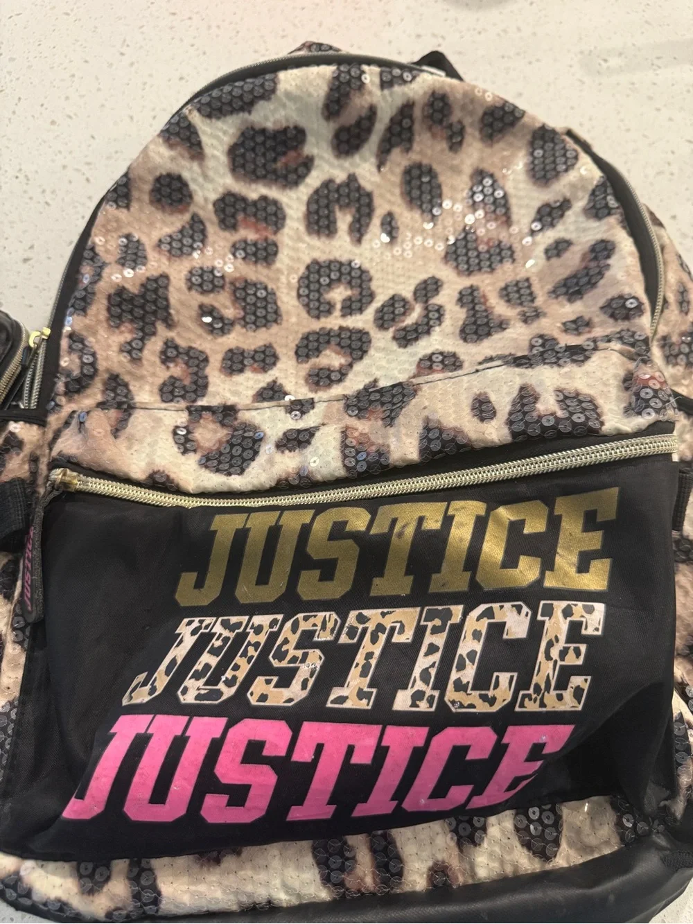 Justice Leopard Sequin Backpack with Pink & Gold Logo